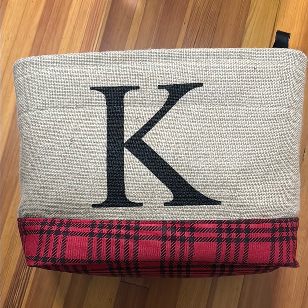 Kirklands Red and Tan Plaid Storage Bin